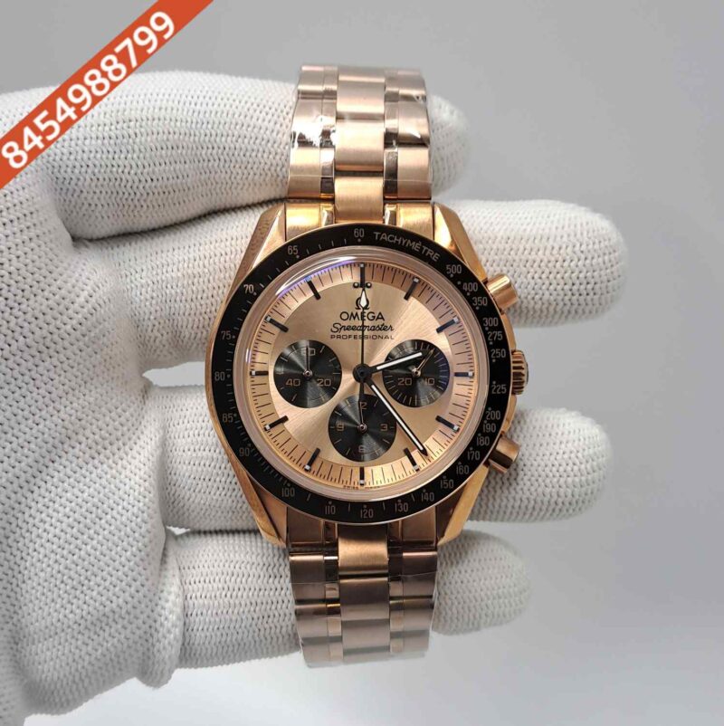 Omega Speedmaster Moonwatch Professional Full Rose Gold Dial Black Chronograph Swiss Watch