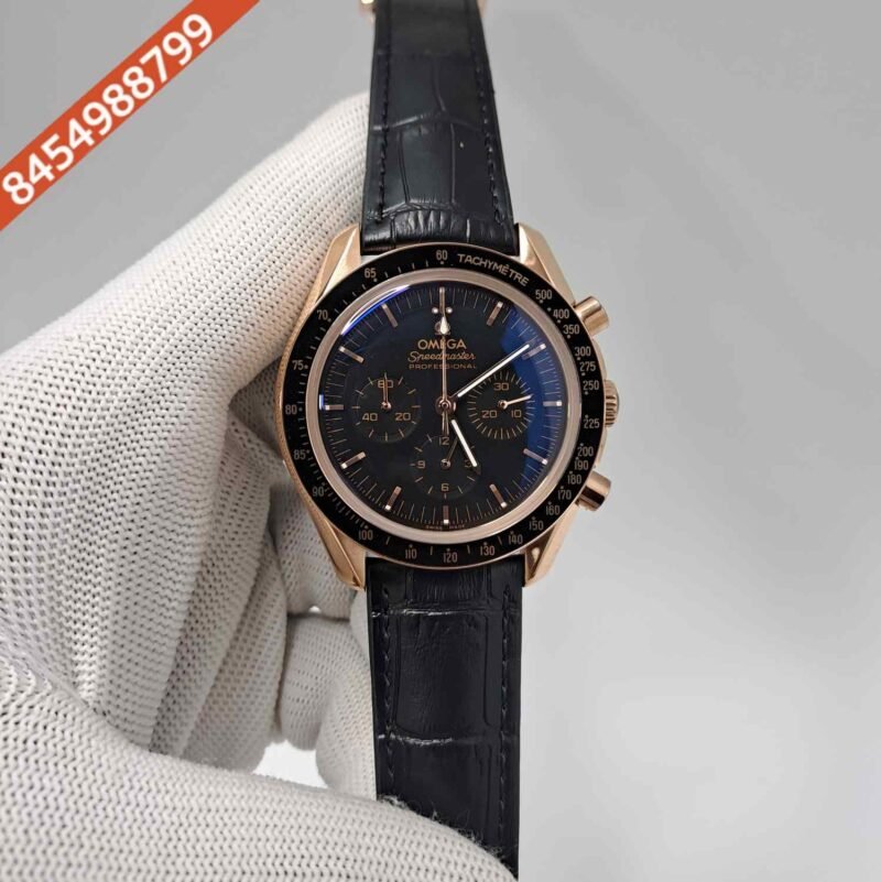 Omega Speedmaster Professional Moonwatch Chronograph Rose Gold Black Dial Swiss Watch