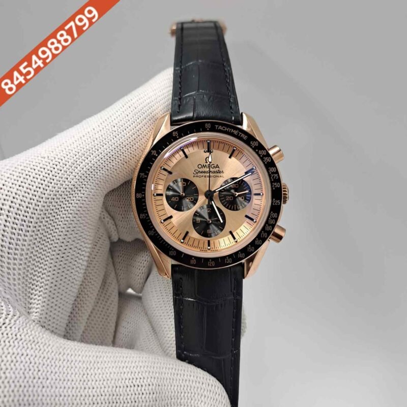 Omega Speedmaster Professional Moonwatch Chronograph Rose Gold Dial Black Leather Swiss Watch