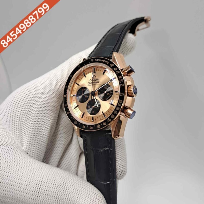 Omega Speedmaster Professional Moonwatch Chronograph Rose Gold Dial Black Leather Swiss Watch - Image 2