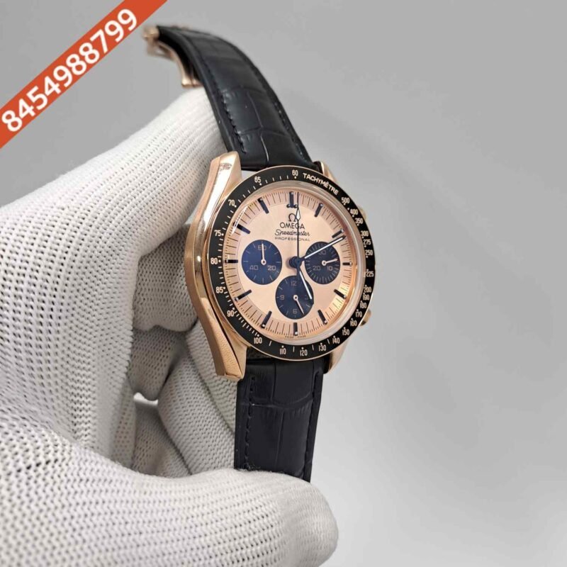 Omega Speedmaster Professional Moonwatch Chronograph Rose Gold Dial Black Leather Swiss Watch - Image 3