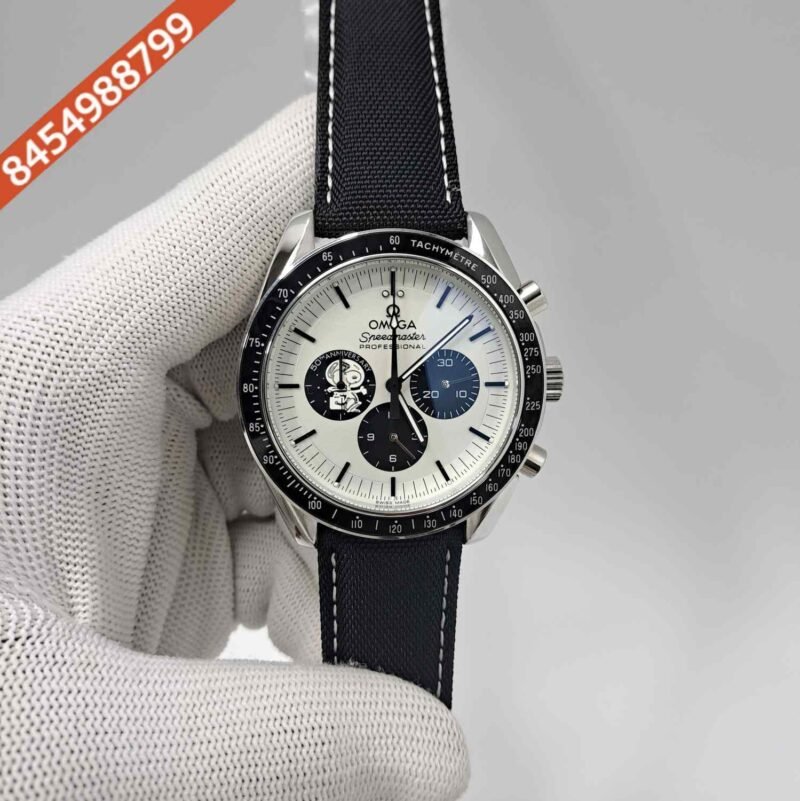 Omega Speedmaster Snoopy Award 50th Anniversary Chronograph White Dial Black Leather Strap Watch