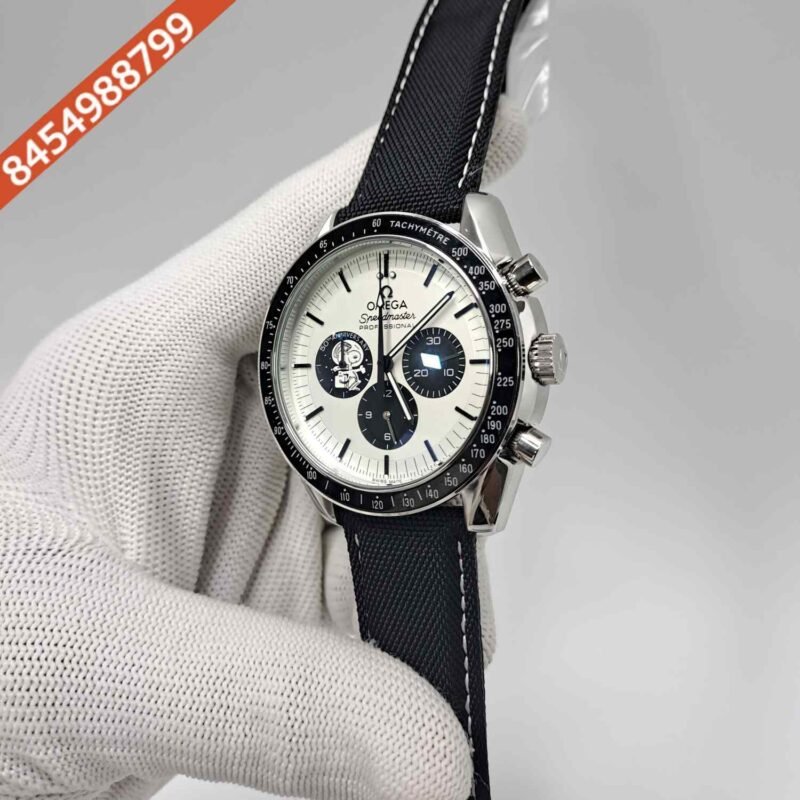 Omega Speedmaster Snoopy Award 50th Anniversary Chronograph White Dial Black Leather Strap Watch - Image 2