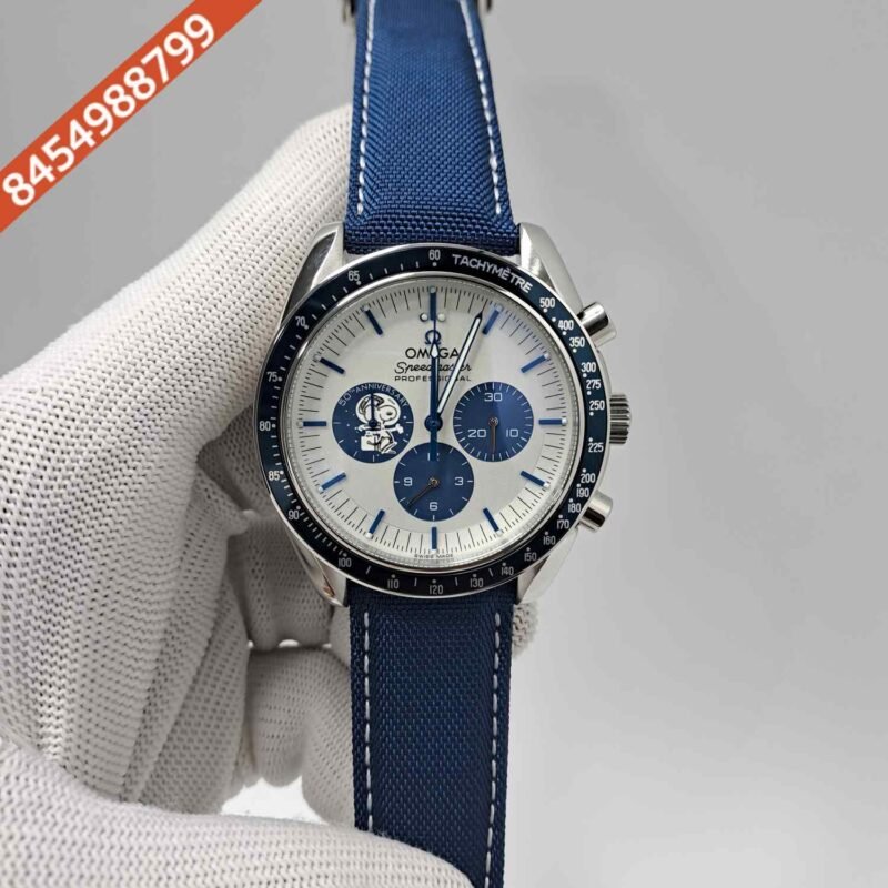 Omega Speedmaster Snoopy Award 50th Anniversary Chronograph White Dial Blue Leather Strap Watch