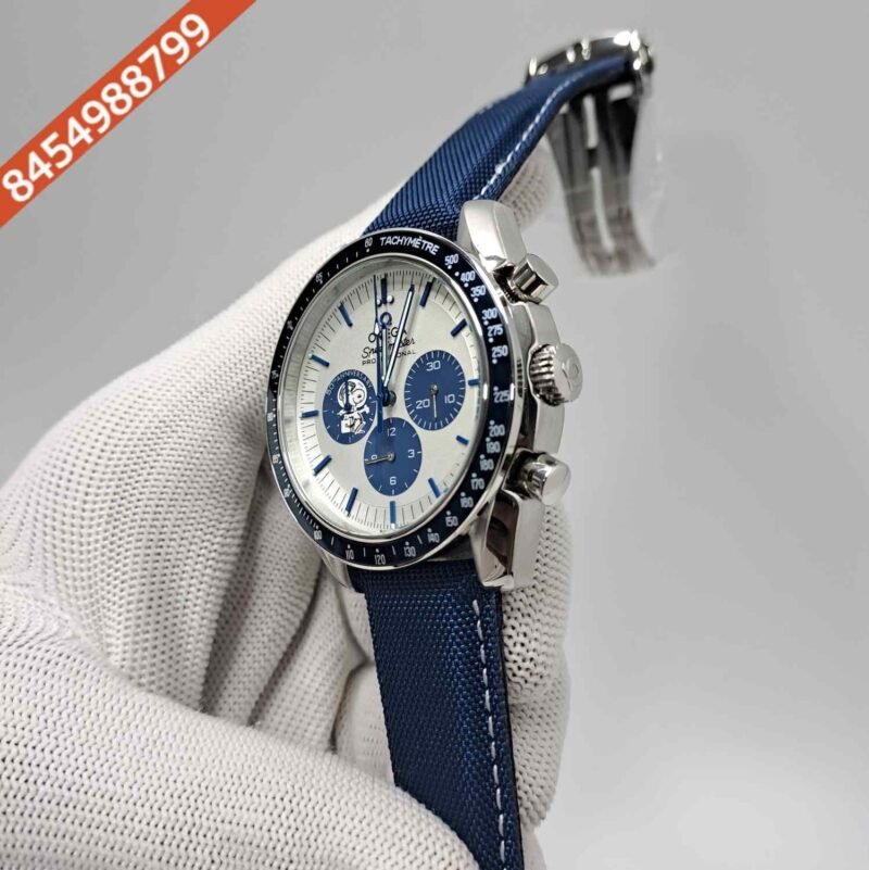 Omega Speedmaster Snoopy Award 50th Anniversary Chronograph White Dial Blue Leather Strap Watch - Image 2