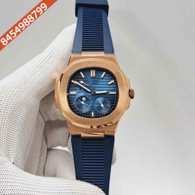 Patek Philippe Aquanaut Rose Gold Blue Dial Blue Rubber Strap Swiss Automatic Watch