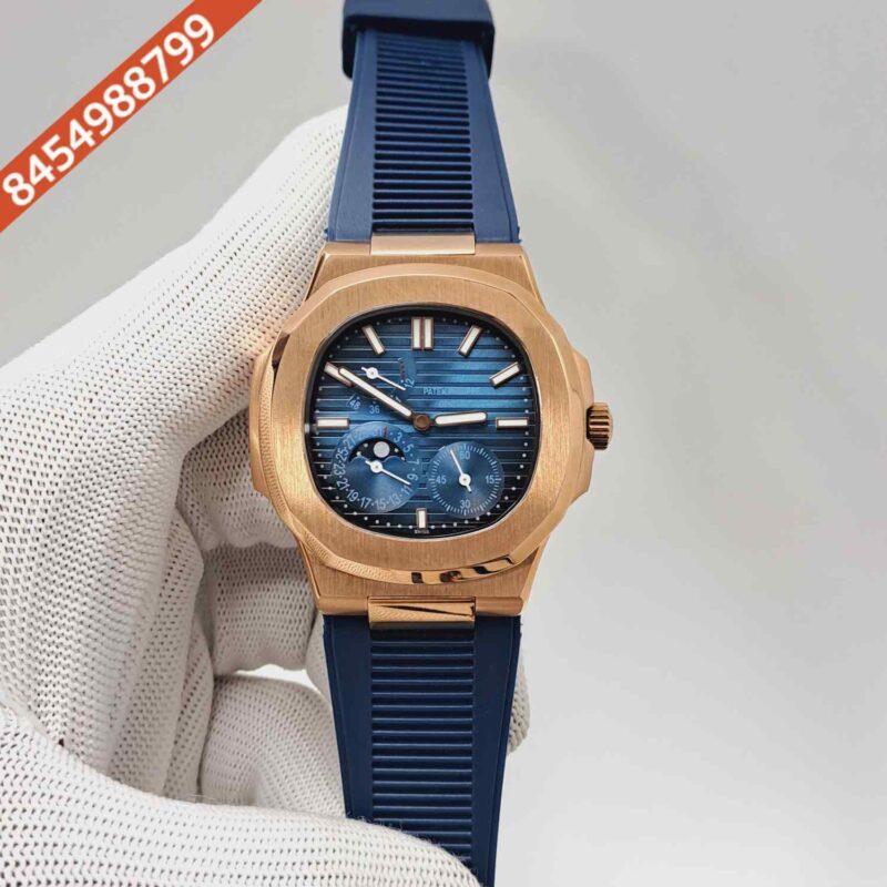Patek Philippe Aquanaut Rose Gold Blue Dial Blue Rubber Strap Swiss Automatic Watch