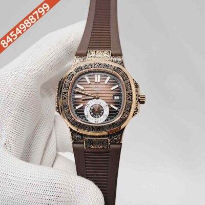 Patek Philippe Nautilus Engraved Rose Gold Brown Dial Brown Rubber Strap Swiss Semi ETA Automatic Watch