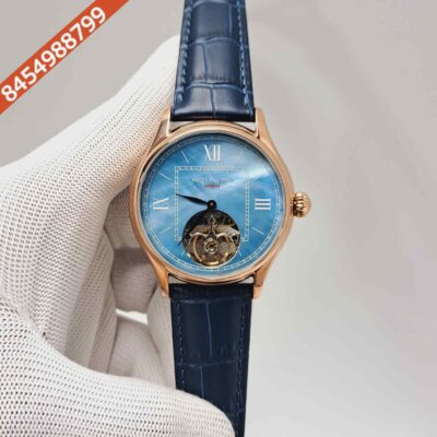 Patek Philippe Tourbillon Rose Gold Blue Dial Leather Strap Swiss Automatic Watch
