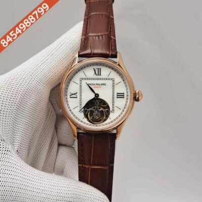 Patek Philippe Tourbillon Rose Gold White Dial Brown Leather Strap Swiss Automatic Watch