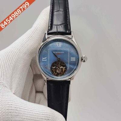 Patek Philippe Tourbillon Silver Blue Dial Leather Strap Swiss Automatic Watch
