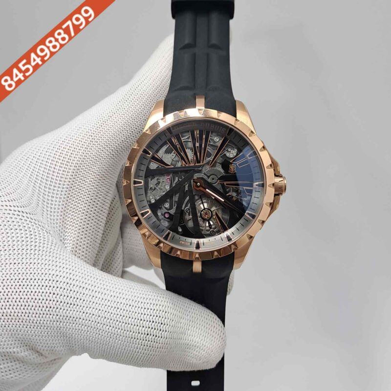 Roger Dubuis Oblvlo Cyber Skeleton Edition Rose Gold Black Dial Black Rubber Strap Swiss Automatic Watch