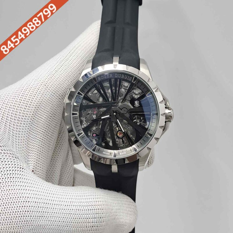 Roger Dubuis Oblvlo Cyber Skeleton Edition Silver Black Dial Black Rubber Strap Swiss Automatic Watch