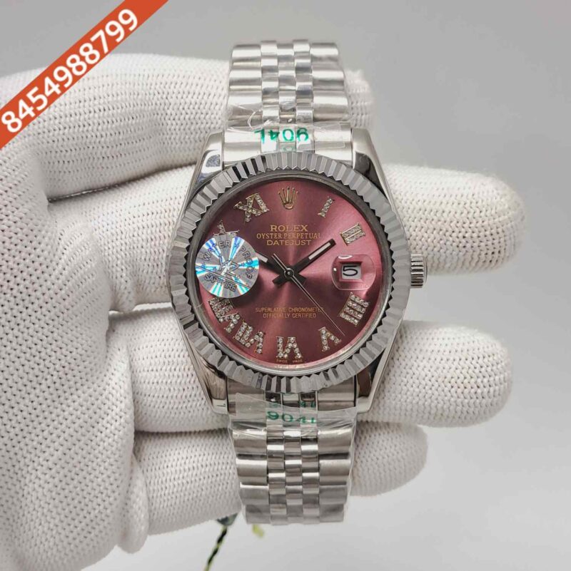 Rolex Date-just Diamond Roman Figure Steel Purple Dial Semi ETA Swiss Automatic Watch