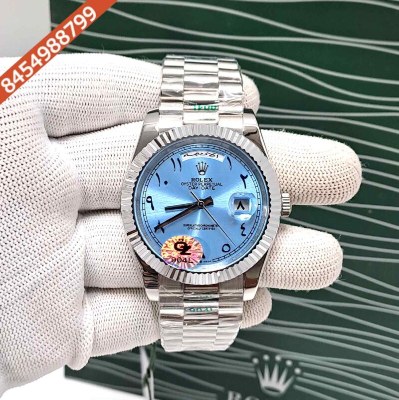 Rolex Day-Date Steel Ice Blue Arabic Dial Semi ETA Swiss Automatic Watch