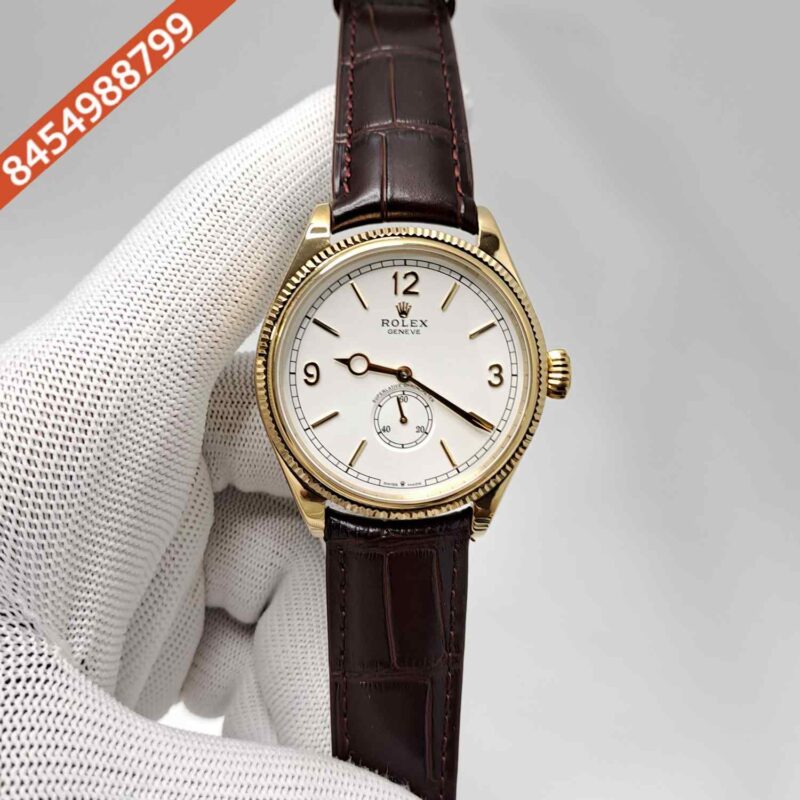 Rolex Perpetual 1908 Gold White Dial Brown Leather Strap Swiss Automatic Watch
