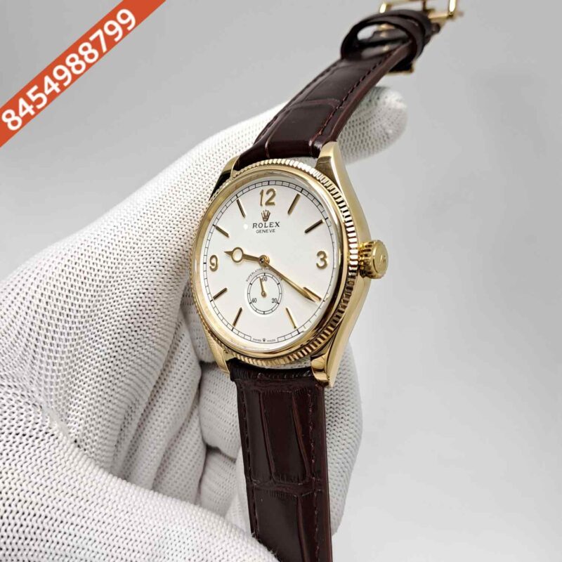 Rolex Perpetual 1908 Gold White Dial Brown Leather Strap Swiss Automatic Watch - Image 2