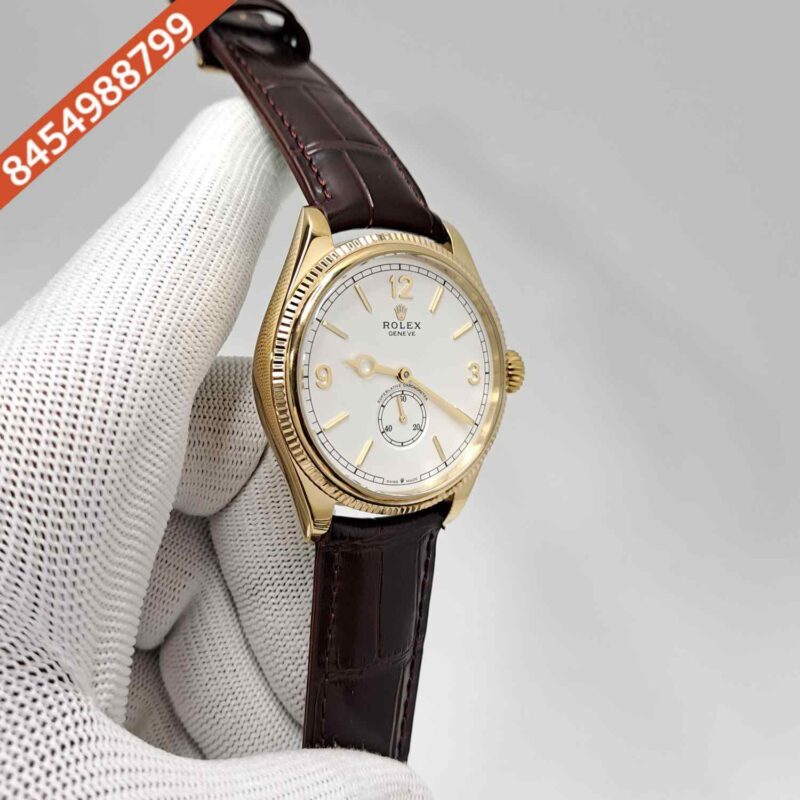 Rolex Perpetual 1908 Gold White Dial Brown Leather Strap Swiss Automatic Watch - Image 3