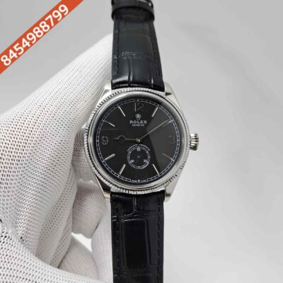 Rolex Perpetual 1908 Silver Black Dial Leather Strap Swiss Automatic Watch