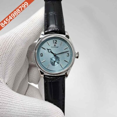 Rolex Perpetual 1908 Silver Blue Dial Black Leather Strap Swiss Automatic Watch