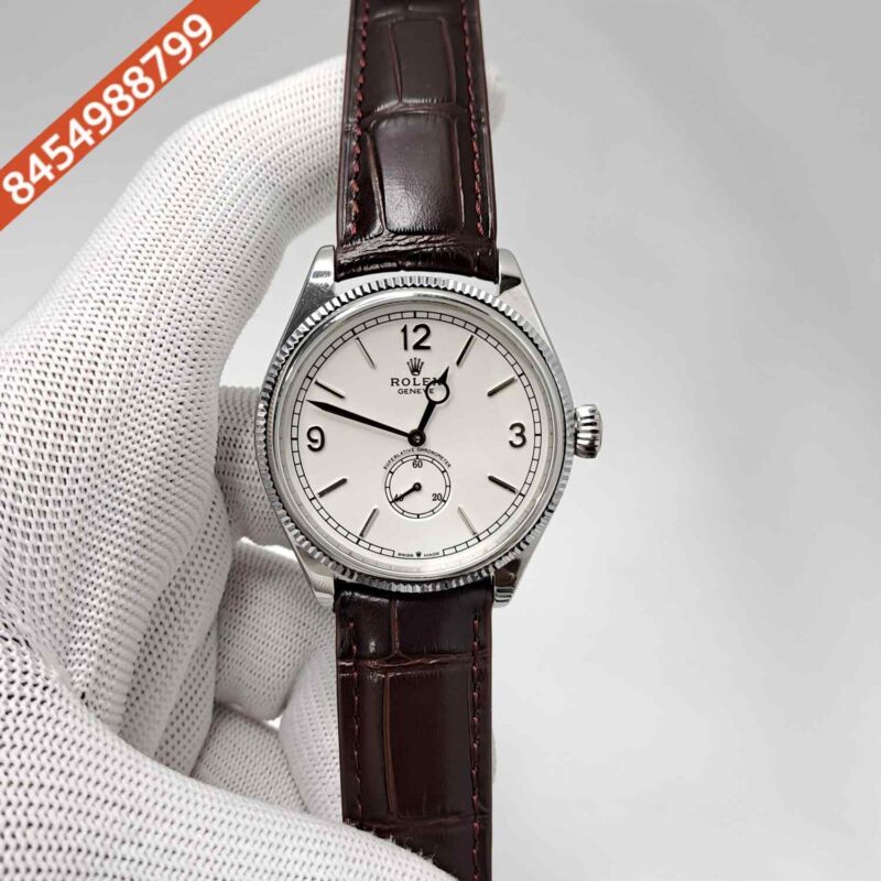 Rolex Perpetual 1908 Silver White Dial Brown Leather Strap Swiss Automatic Watch