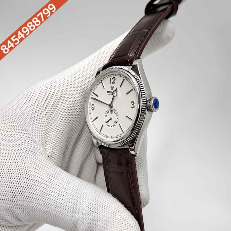 Rolex Perpetual 1908 Silver White Dial Brown Leather Strap Swiss Automatic Watch - Image 2