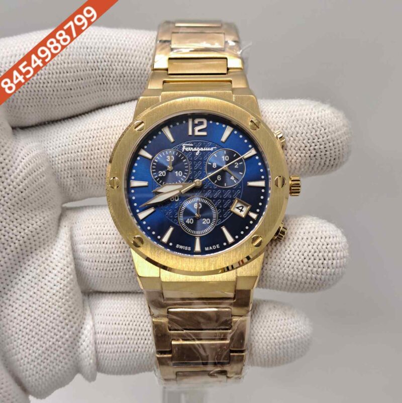 Salvatore Ferragamo F-80 Classic Chronograph Full Gold Blue Dial Swiss Automatic Watch