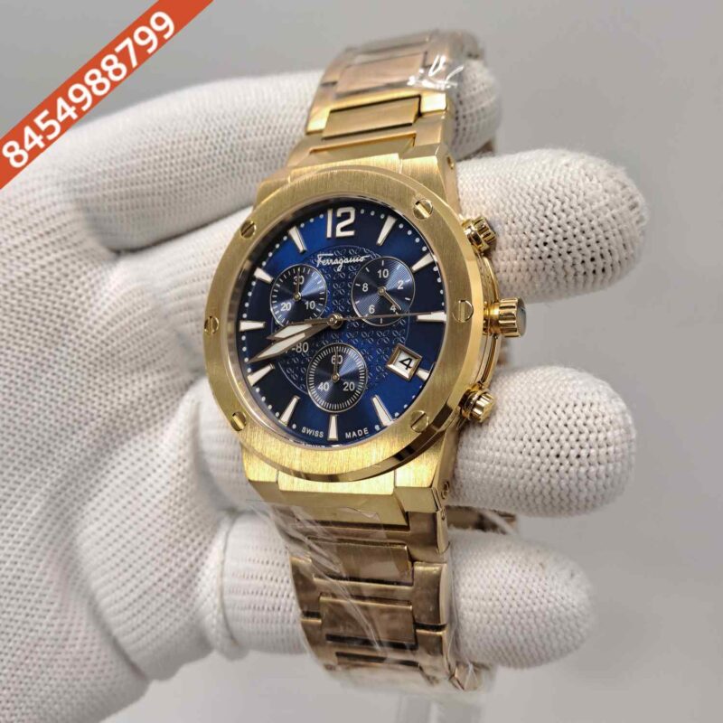 Salvatore Ferragamo F-80 Classic Chronograph Full Gold Blue Dial Swiss Automatic Watch - Image 2