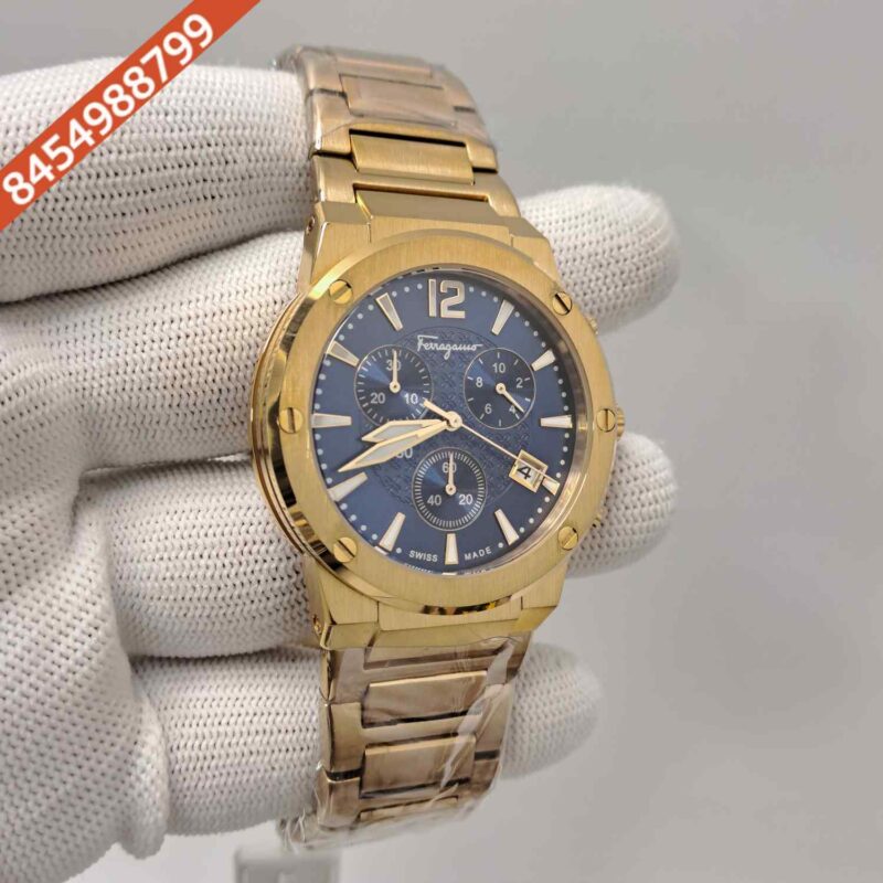 Salvatore Ferragamo F-80 Classic Chronograph Full Gold Blue Dial Swiss Automatic Watch - Image 3