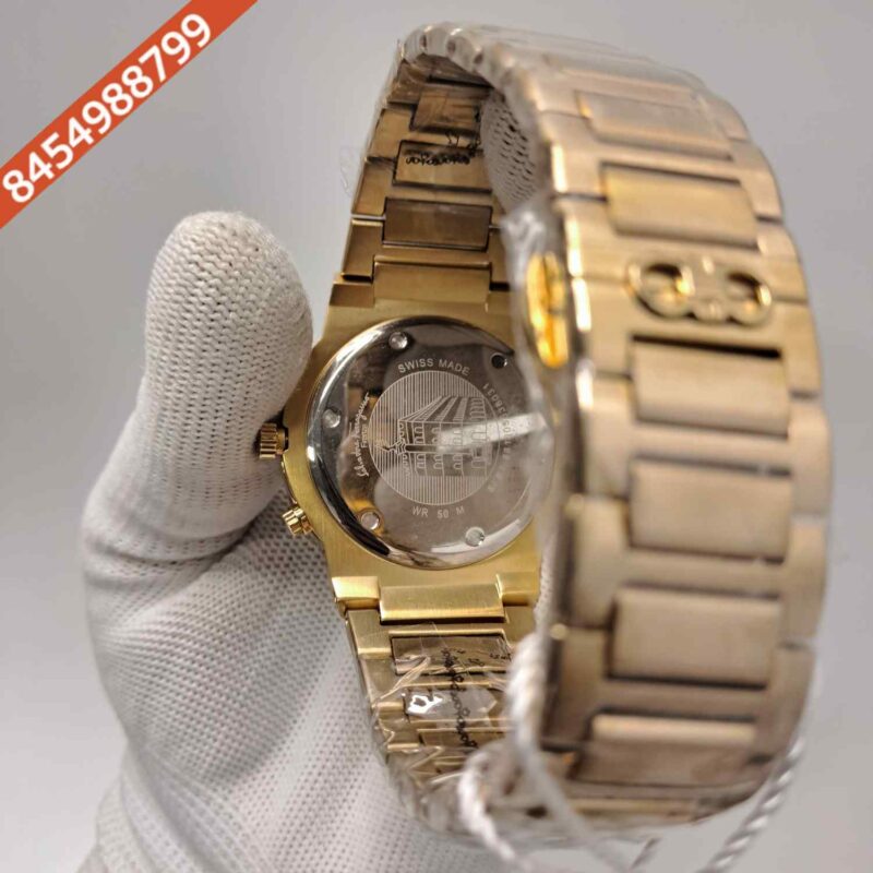 Salvatore Ferragamo F-80 Classic Chronograph Full Gold Blue Dial Swiss Automatic Watch - Image 4