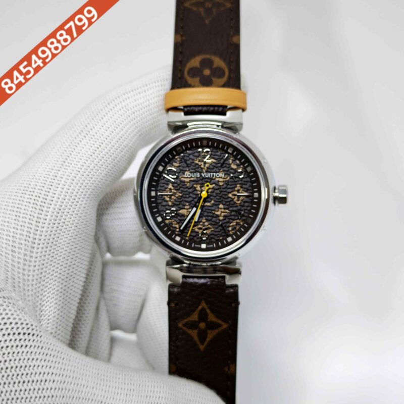 Louis Vuitton Tambour Monogram Steel Brown Dial Brown Leather Strap Swiss Automatic Watch
