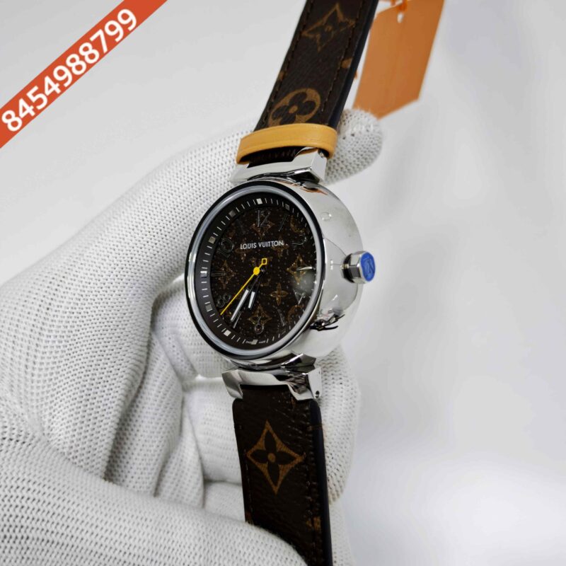 Louis Vuitton Tambour Monogram Steel Brown Dial Brown Leather Strap Swiss Automatic Watch - Image 2