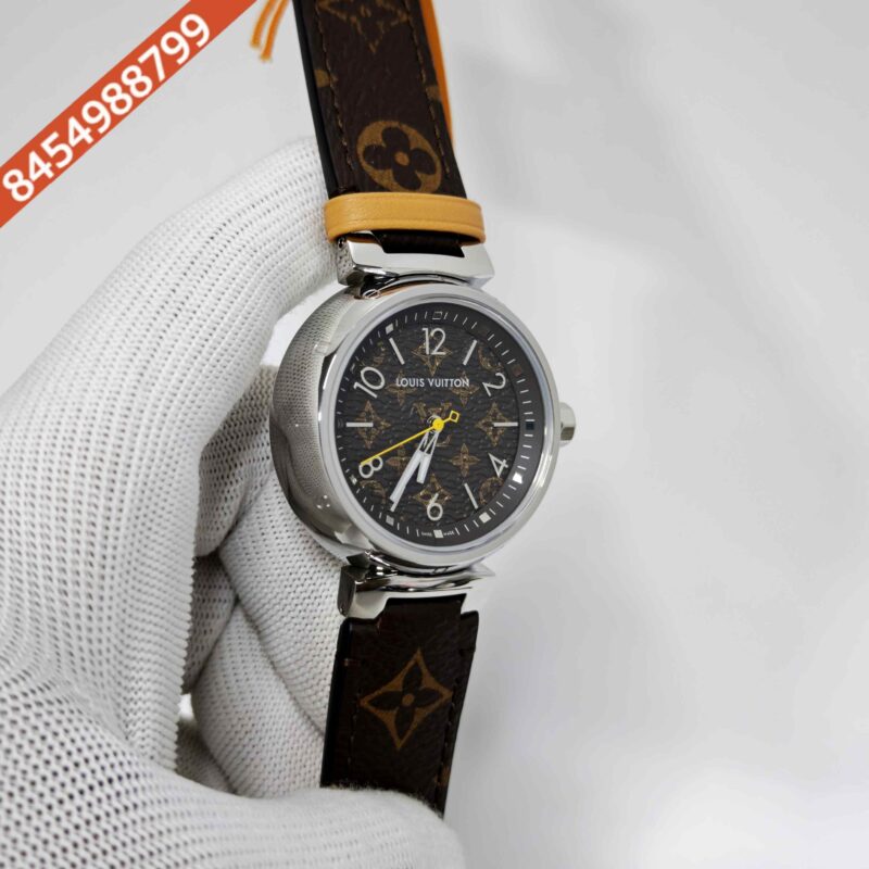 Louis Vuitton Tambour Monogram Steel Brown Dial Brown Leather Strap Swiss Automatic Watch - Image 3