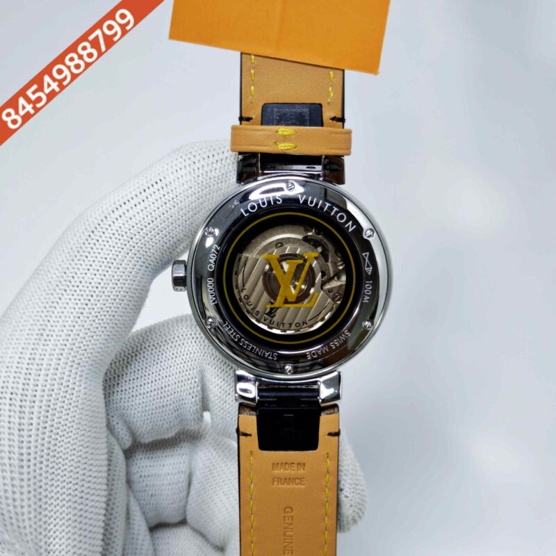 Louis Vuitton Tambour Monogram Steel Brown Dial Brown Leather Strap Swiss Automatic Watch - Image 4