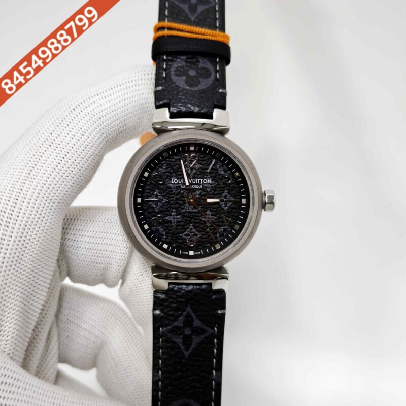 Louis Vuitton Tambour Monogram Black Dial Leather Strap Swiss Automatic Watch