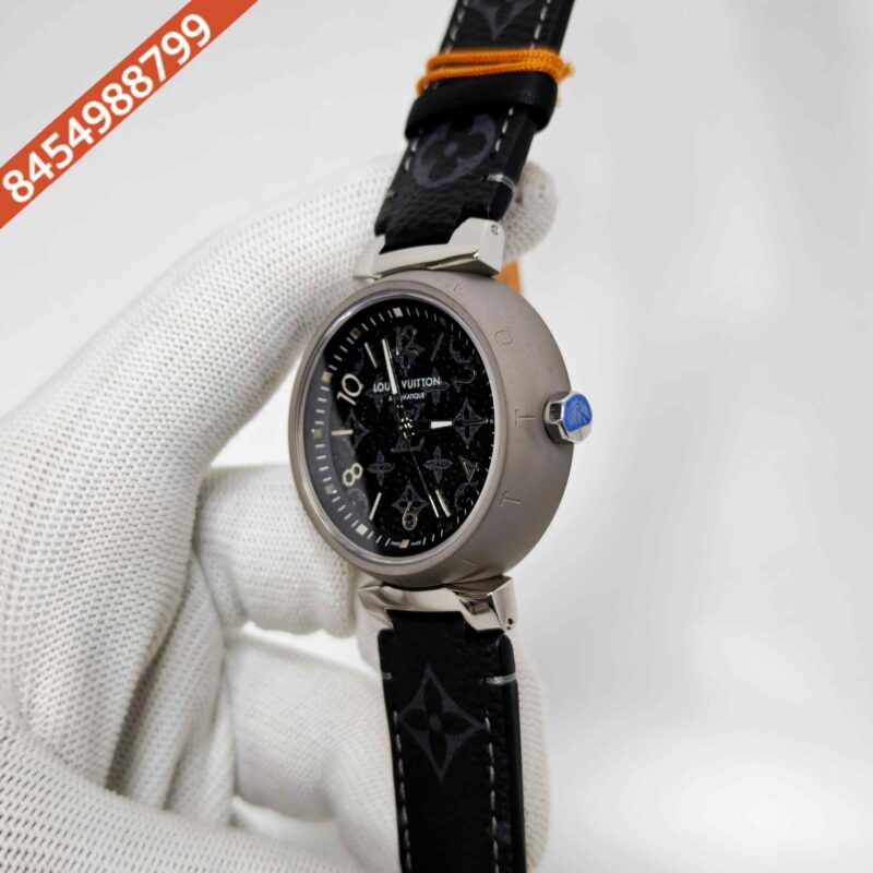 Louis Vuitton Tambour Monogram Black Dial Leather Strap Swiss Automatic Watch - Image 2