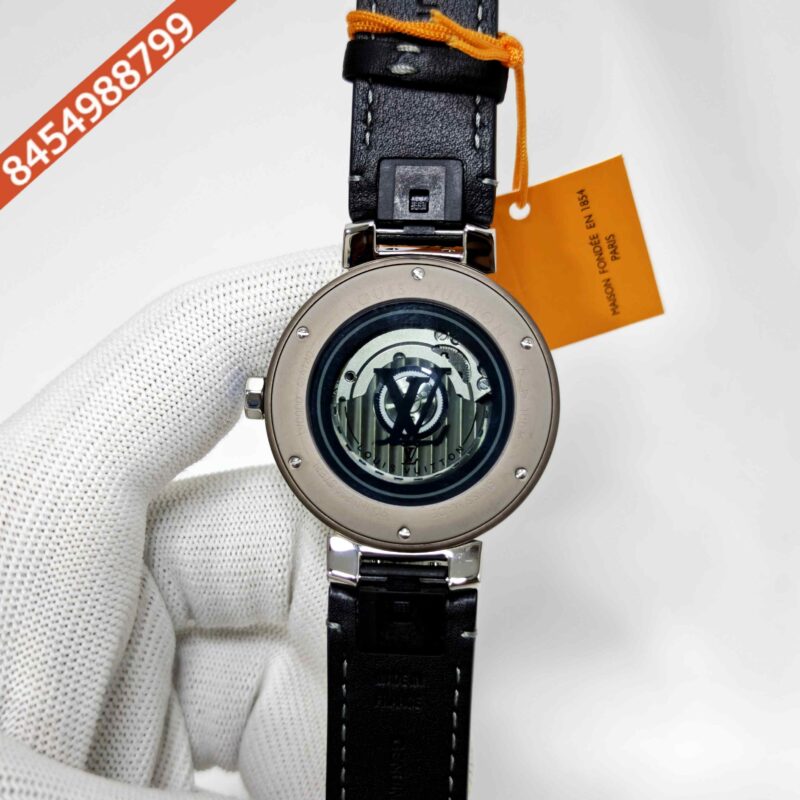Louis Vuitton Tambour Monogram Black Dial Leather Strap Swiss Automatic Watch - Image 4