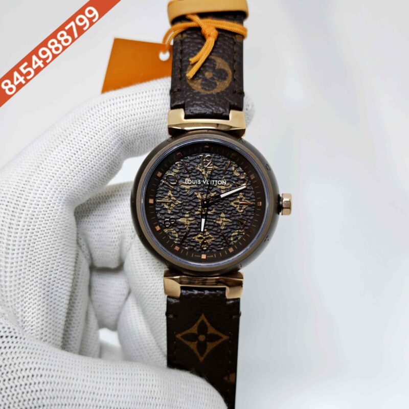 Louis Vuitton Tambour Monogram Steel Full Brown Dial Brown Leather Strap Swiss Automatic Watch