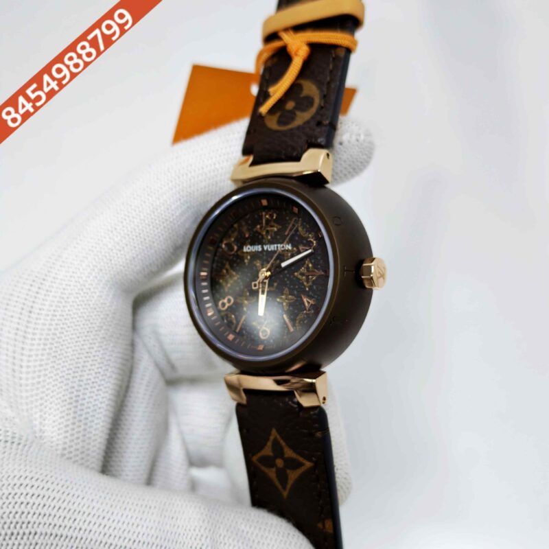 Louis Vuitton Tambour Monogram Steel Full Brown Dial Brown Leather Strap Swiss Automatic Watch - Image 2