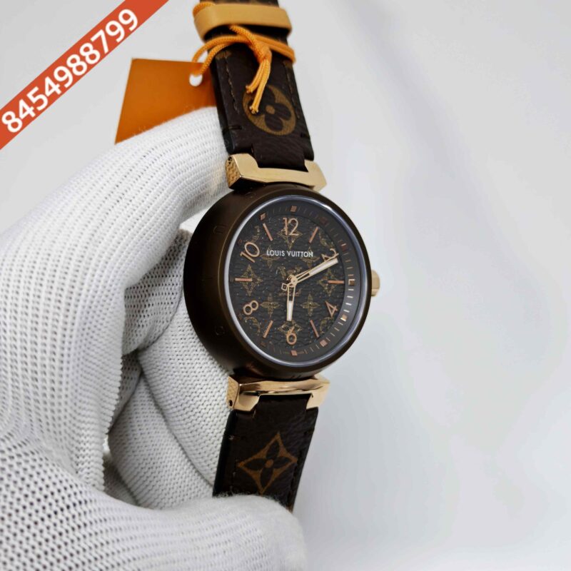Louis Vuitton Tambour Monogram Steel Full Brown Dial Brown Leather Strap Swiss Automatic Watch - Image 3