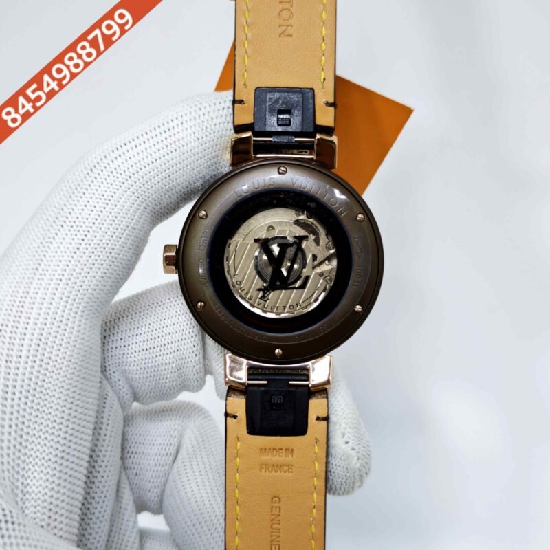 Louis Vuitton Tambour Monogram Steel Full Brown Dial Brown Leather Strap Swiss Automatic Watch - Image 4