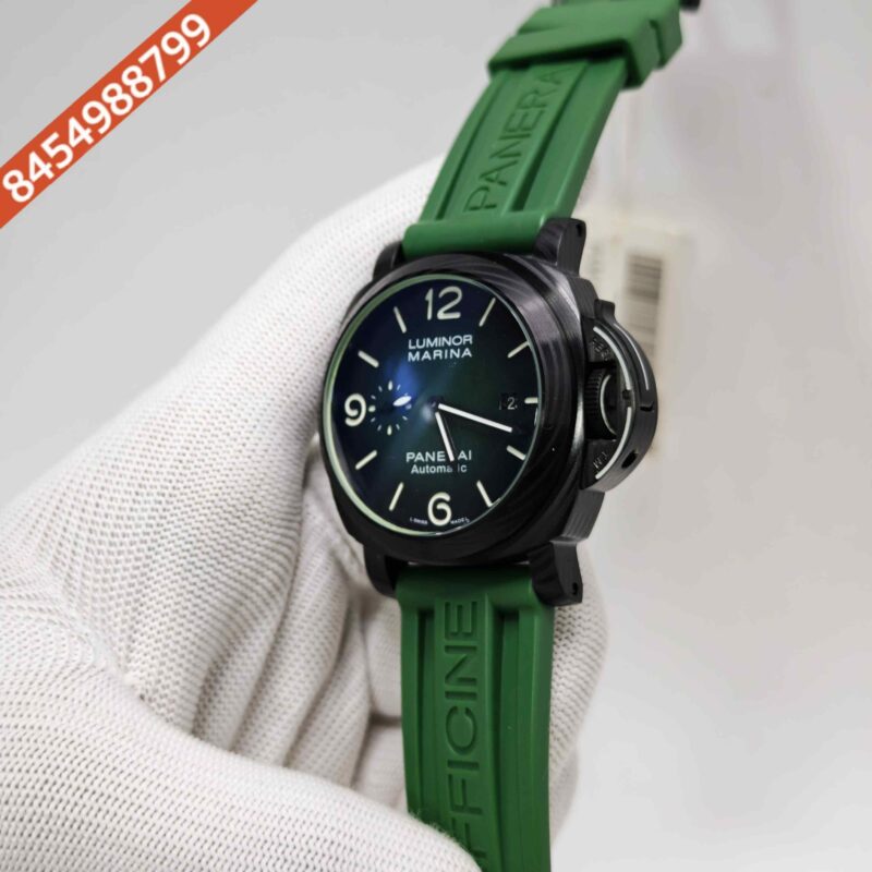 Luminor Panerai Marina Officine Black Steel Green Dial Green Rubber Strap Swiss Automatic Watch - Image 2