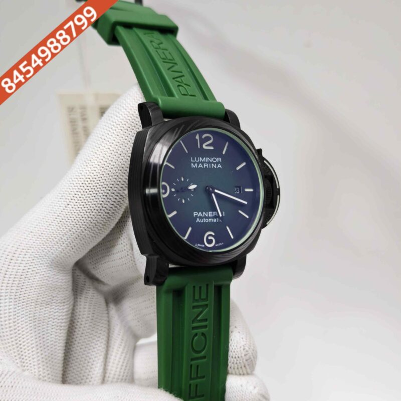 Luminor Panerai Marina Officine Black Steel Green Dial Green Rubber Strap Swiss Automatic Watch - Image 3
