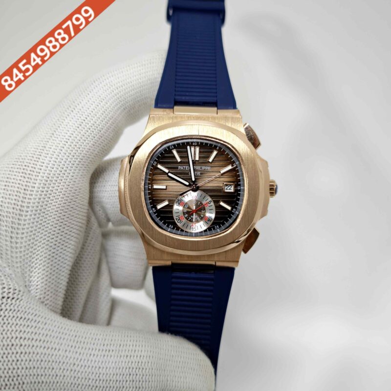 Patek Philippe Nautilus Polished Gold Brown Dial Blue Rubber Strap Swiss Automatic Watch