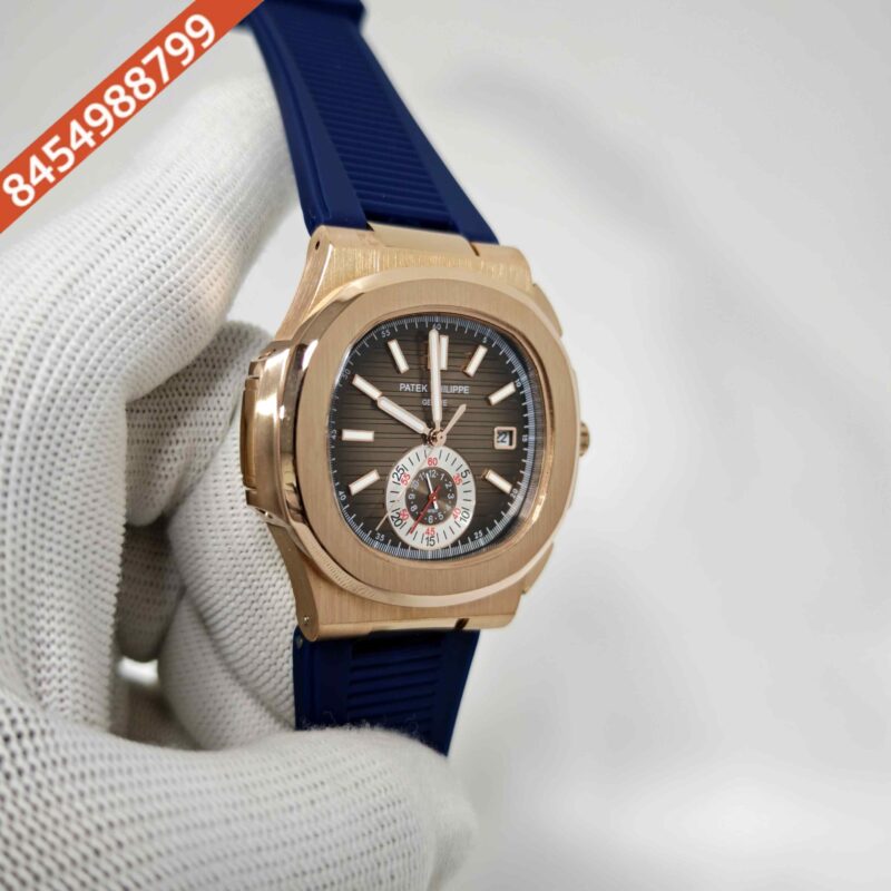 Patek Philippe Nautilus Polished Gold Brown Dial Blue Rubber Strap Swiss Automatic Watch - Image 2