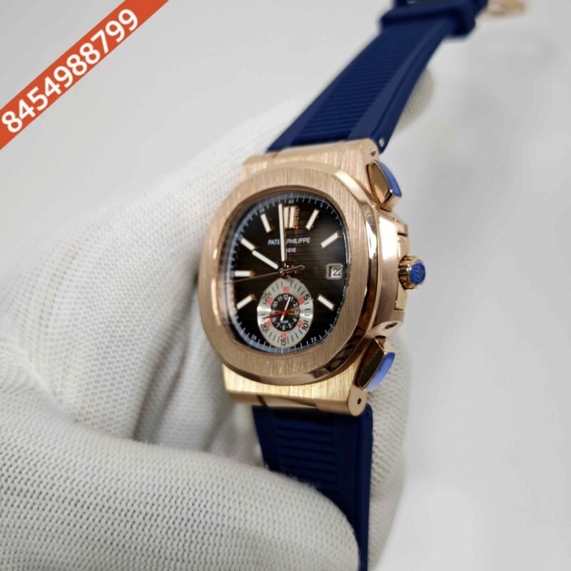 Patek Philippe Nautilus Polished Gold Brown Dial Blue Rubber Strap Swiss Automatic Watch - Image 3