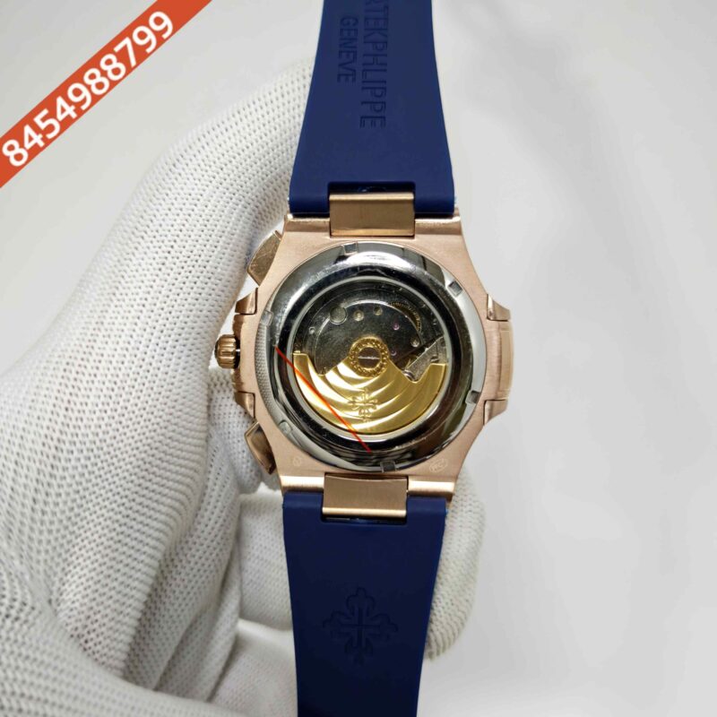 Patek Philippe Nautilus Polished Gold Brown Dial Blue Rubber Strap Swiss Automatic Watch - Image 4