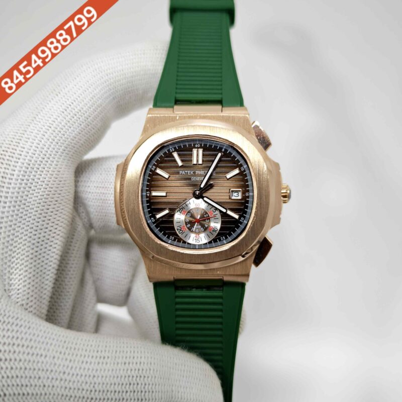 Patek Philippe Nautilus Polished Gold Brown Dial Green Rubber Strap Swiss Automatic Watch
