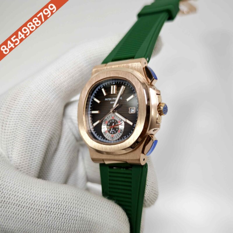Patek Philippe Nautilus Polished Gold Brown Dial Green Rubber Strap Swiss Automatic Watch - Image 2