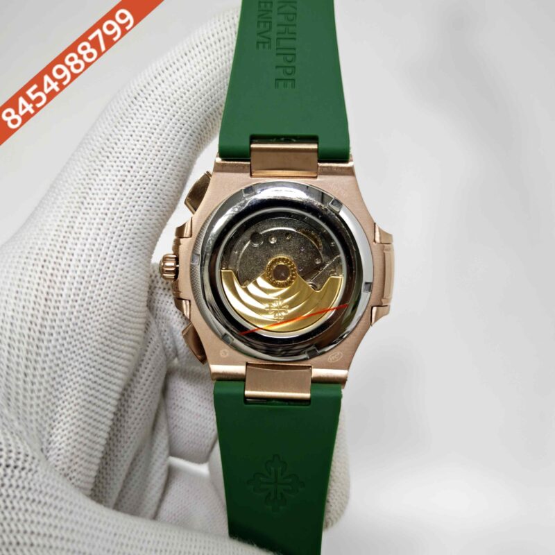 Patek Philippe Nautilus Polished Gold Brown Dial Green Rubber Strap Swiss Automatic Watch - Image 4